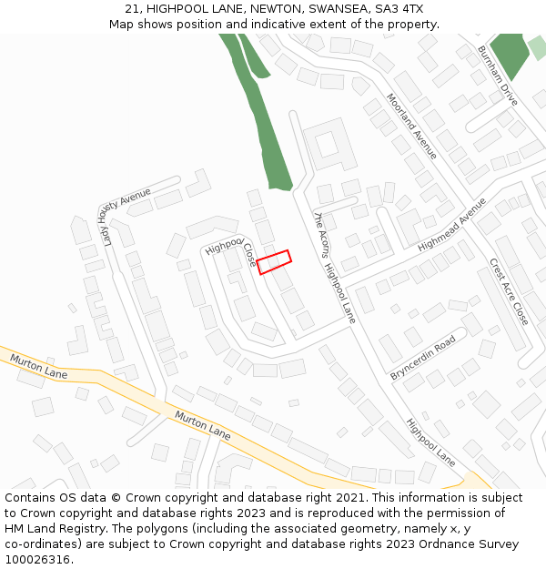 21, HIGHPOOL LANE, NEWTON, SWANSEA, SA3 4TX: Location map and indicative extent of plot