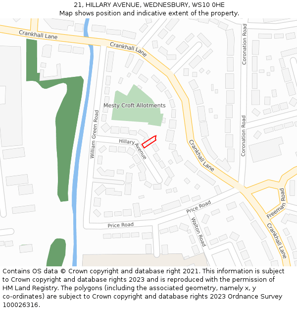 21, HILLARY AVENUE, WEDNESBURY, WS10 0HE: Location map and indicative extent of plot