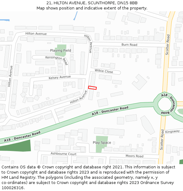 21, HILTON AVENUE, SCUNTHORPE, DN15 8BB: Location map and indicative extent of plot