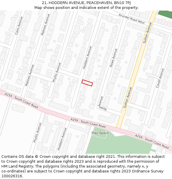 21, HODDERN AVENUE, PEACEHAVEN, BN10 7PJ: Location map and indicative extent of plot