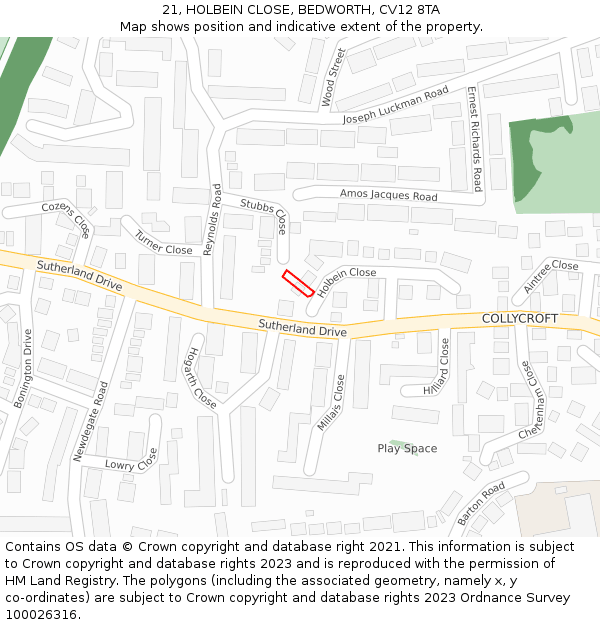 21, HOLBEIN CLOSE, BEDWORTH, CV12 8TA: Location map and indicative extent of plot