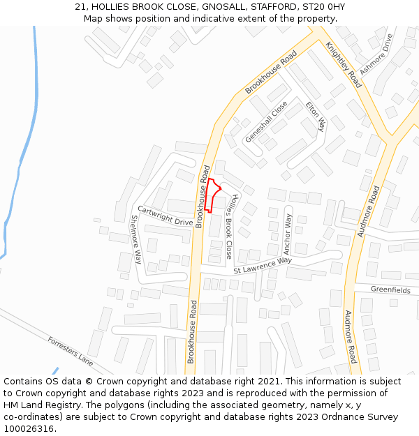 21, HOLLIES BROOK CLOSE, GNOSALL, STAFFORD, ST20 0HY: Location map and indicative extent of plot