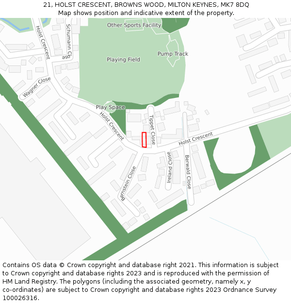 21, HOLST CRESCENT, BROWNS WOOD, MILTON KEYNES, MK7 8DQ: Location map and indicative extent of plot