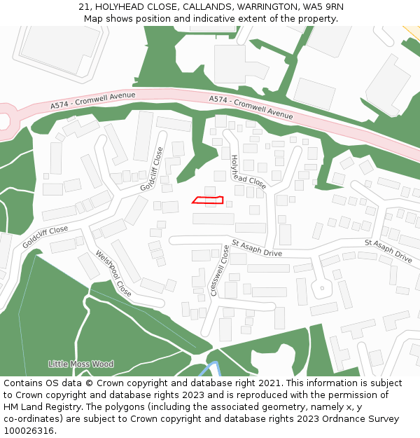 21, HOLYHEAD CLOSE, CALLANDS, WARRINGTON, WA5 9RN: Location map and indicative extent of plot