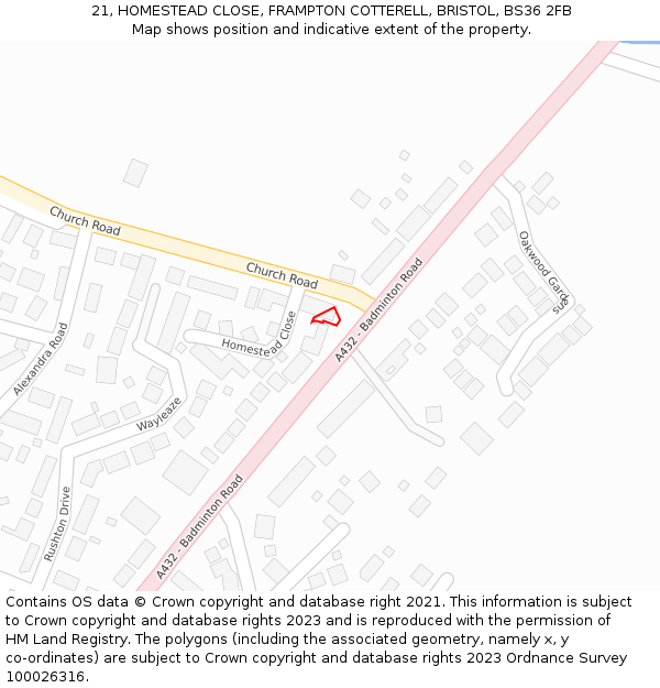 21, HOMESTEAD CLOSE, FRAMPTON COTTERELL, BRISTOL, BS36 2FB: Location map and indicative extent of plot