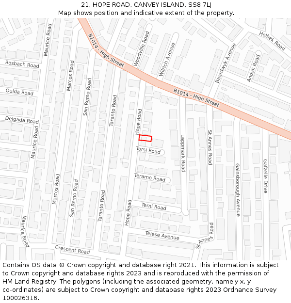 21, HOPE ROAD, CANVEY ISLAND, SS8 7LJ: Location map and indicative extent of plot