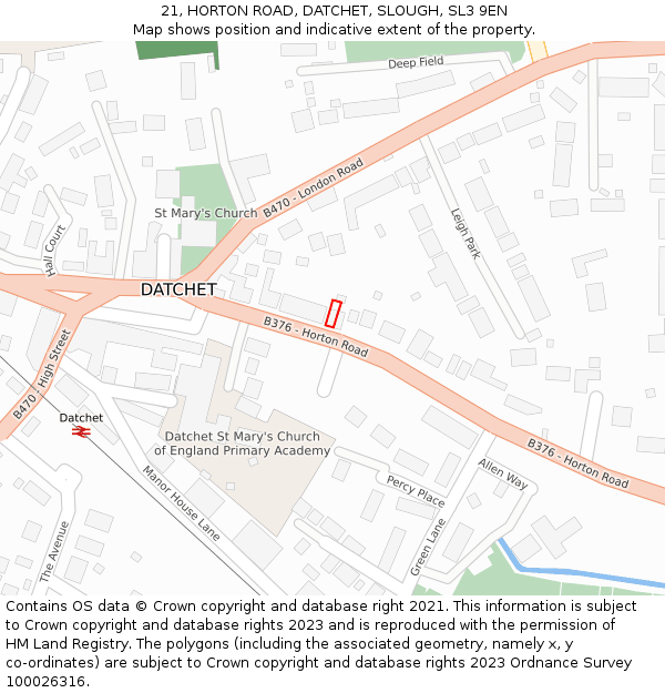 21, HORTON ROAD, DATCHET, SLOUGH, SL3 9EN: Location map and indicative extent of plot