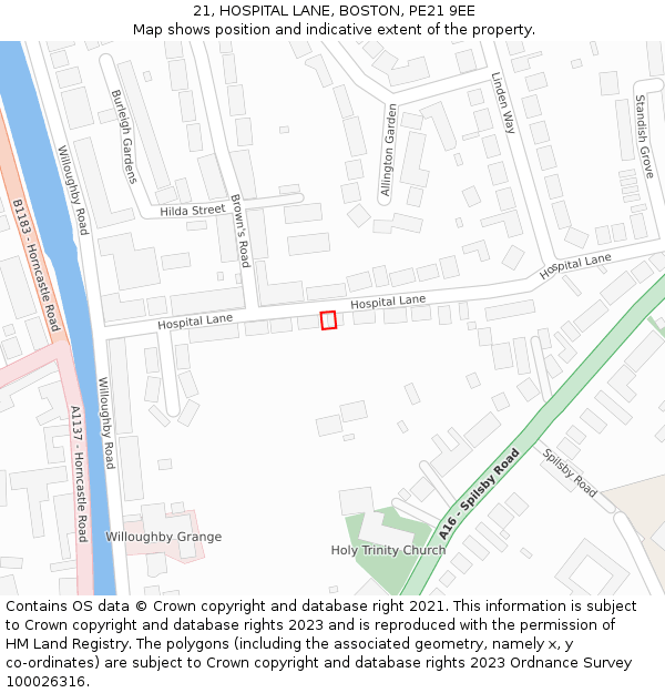 21, HOSPITAL LANE, BOSTON, PE21 9EE: Location map and indicative extent of plot