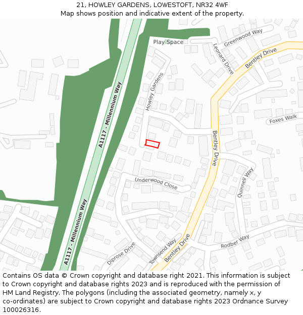 21, HOWLEY GARDENS, LOWESTOFT, NR32 4WF: Location map and indicative extent of plot
