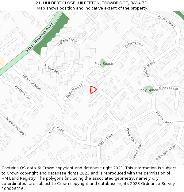 21, HULBERT CLOSE, HILPERTON, TROWBRIDGE, BA14 7FL: Location map and indicative extent of plot