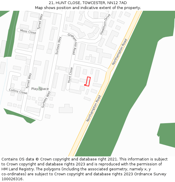 21, HUNT CLOSE, TOWCESTER, NN12 7AD: Location map and indicative extent of plot