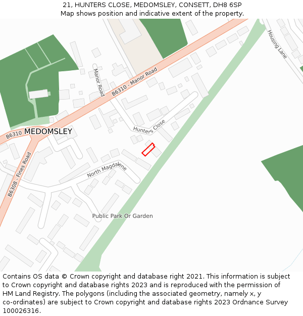 21, HUNTERS CLOSE, MEDOMSLEY, CONSETT, DH8 6SP: Location map and indicative extent of plot