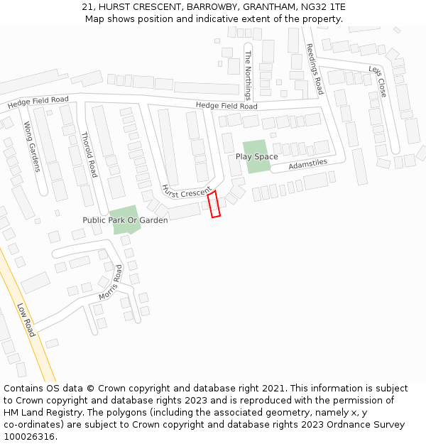 21, HURST CRESCENT, BARROWBY, GRANTHAM, NG32 1TE: Location map and indicative extent of plot