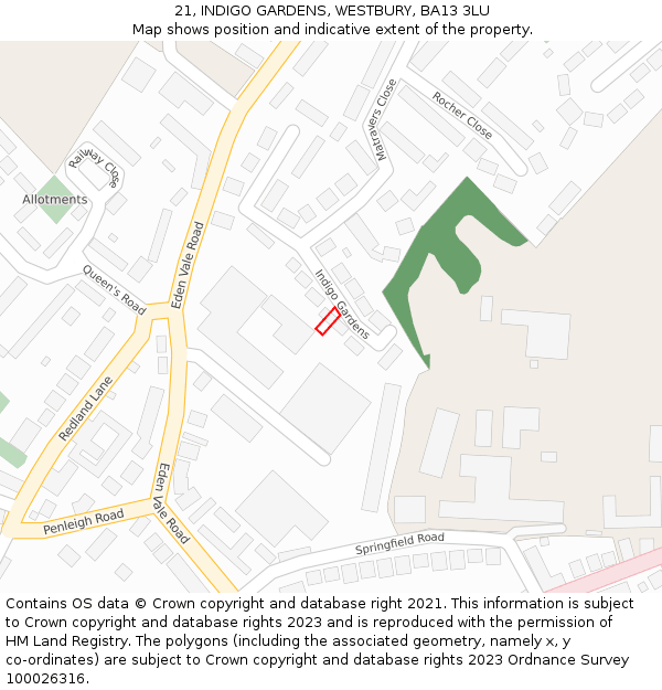 21, INDIGO GARDENS, WESTBURY, BA13 3LU: Location map and indicative extent of plot