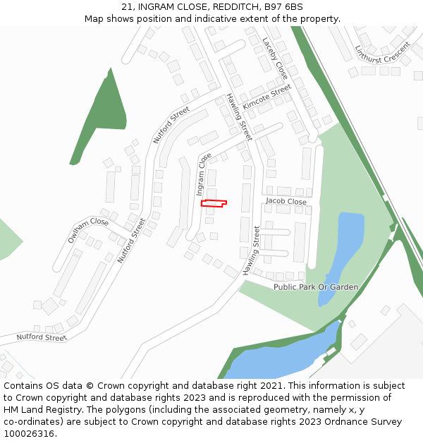 21, INGRAM CLOSE, REDDITCH, B97 6BS: Location map and indicative extent of plot