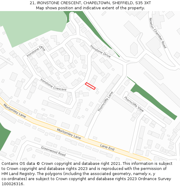 21, IRONSTONE CRESCENT, CHAPELTOWN, SHEFFIELD, S35 3XT: Location map and indicative extent of plot