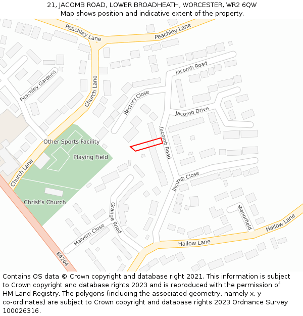 21, JACOMB ROAD, LOWER BROADHEATH, WORCESTER, WR2 6QW: Location map and indicative extent of plot