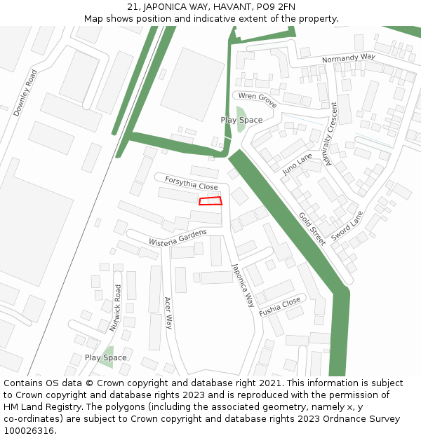 21, JAPONICA WAY, HAVANT, PO9 2FN: Location map and indicative extent of plot