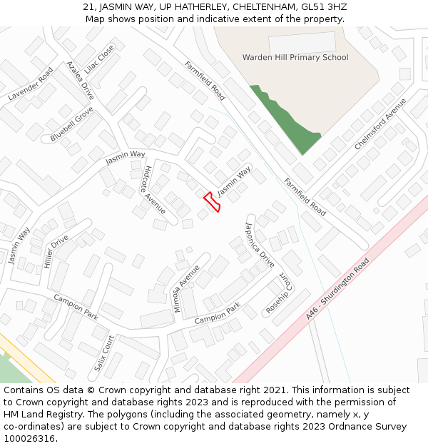 21, JASMIN WAY, UP HATHERLEY, CHELTENHAM, GL51 3HZ: Location map and indicative extent of plot