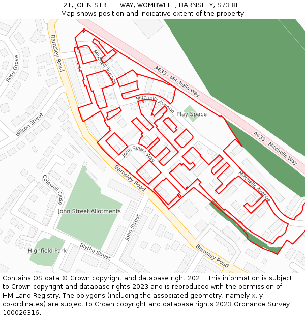 21, JOHN STREET WAY, WOMBWELL, BARNSLEY, S73 8FT: Location map and indicative extent of plot