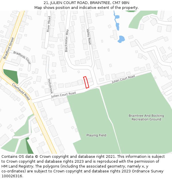 21, JULIEN COURT ROAD, BRAINTREE, CM7 9BN: Location map and indicative extent of plot