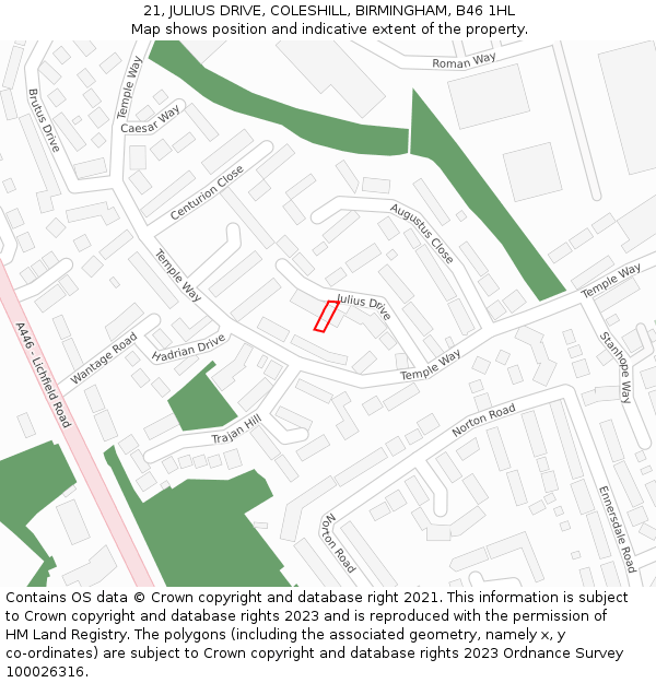 21, JULIUS DRIVE, COLESHILL, BIRMINGHAM, B46 1HL: Location map and indicative extent of plot