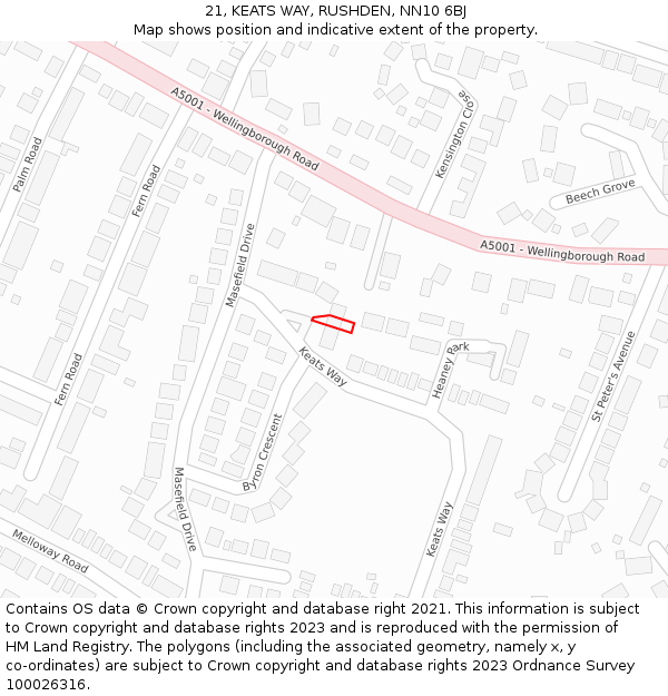 21, KEATS WAY, RUSHDEN, NN10 6BJ: Location map and indicative extent of plot