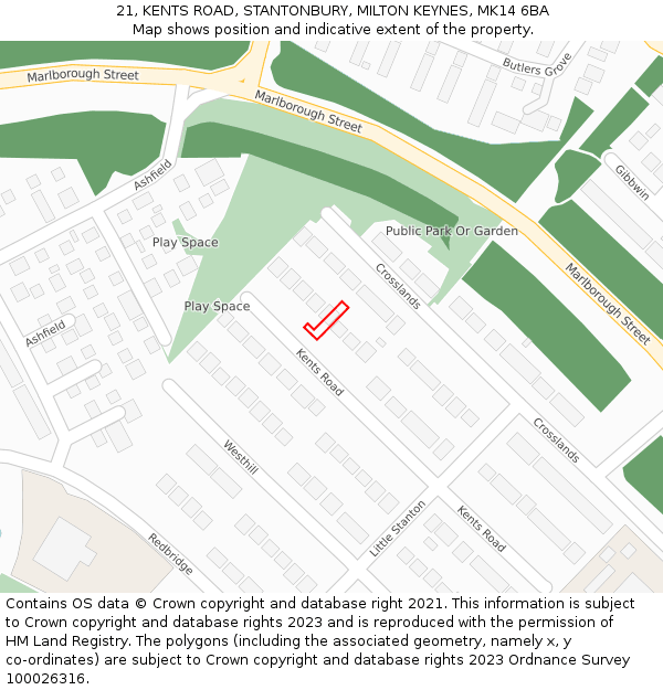 21, KENTS ROAD, STANTONBURY, MILTON KEYNES, MK14 6BA: Location map and indicative extent of plot