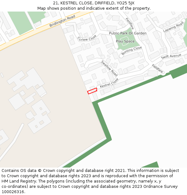 21, KESTREL CLOSE, DRIFFIELD, YO25 5JX: Location map and indicative extent of plot