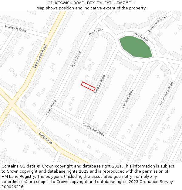 21, KESWICK ROAD, BEXLEYHEATH, DA7 5DU: Location map and indicative extent of plot