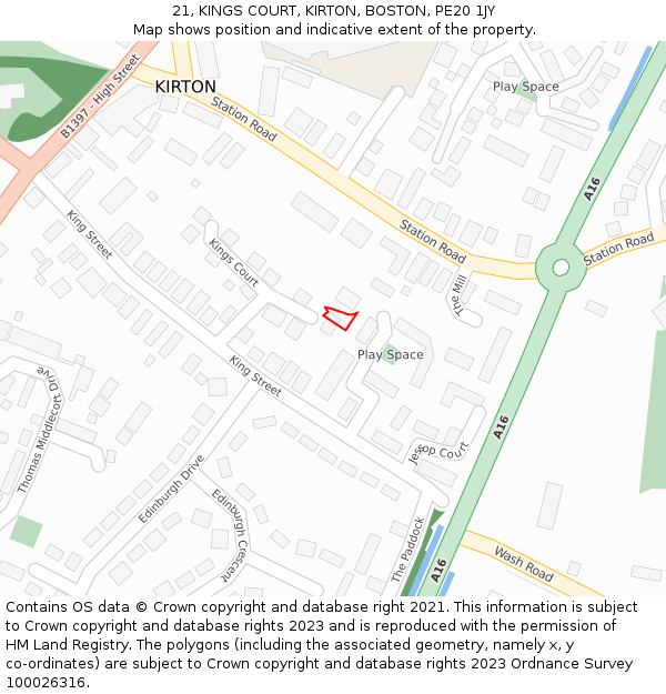 21, KINGS COURT, KIRTON, BOSTON, PE20 1JY: Location map and indicative extent of plot