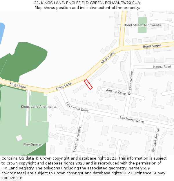 21, KINGS LANE, ENGLEFIELD GREEN, EGHAM, TW20 0UA: Location map and indicative extent of plot