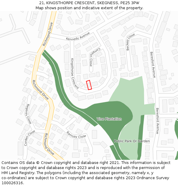 21, KINGSTHORPE CRESCENT, SKEGNESS, PE25 3PW: Location map and indicative extent of plot