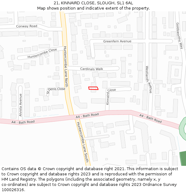 21, KINNAIRD CLOSE, SLOUGH, SL1 6AL: Location map and indicative extent of plot