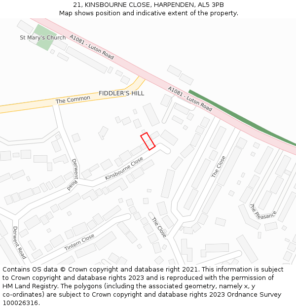 21, KINSBOURNE CLOSE, HARPENDEN, AL5 3PB: Location map and indicative extent of plot