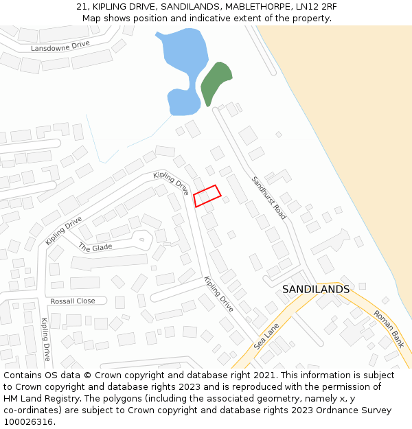 21, KIPLING DRIVE, SANDILANDS, MABLETHORPE, LN12 2RF: Location map and indicative extent of plot