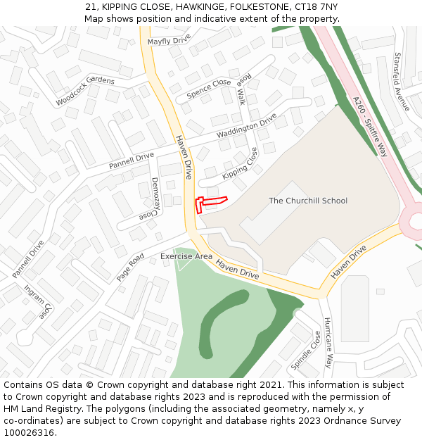 21, KIPPING CLOSE, HAWKINGE, FOLKESTONE, CT18 7NY: Location map and indicative extent of plot