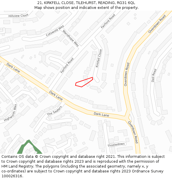 21, KIRKFELL CLOSE, TILEHURST, READING, RG31 6QL: Location map and indicative extent of plot