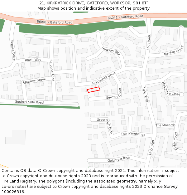 21, KIRKPATRICK DRIVE, GATEFORD, WORKSOP, S81 8TF: Location map and indicative extent of plot