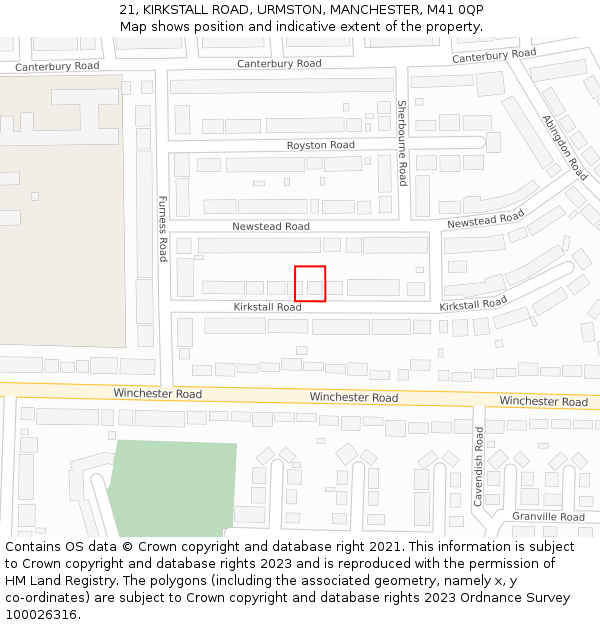 21, KIRKSTALL ROAD, URMSTON, MANCHESTER, M41 0QP: Location map and indicative extent of plot