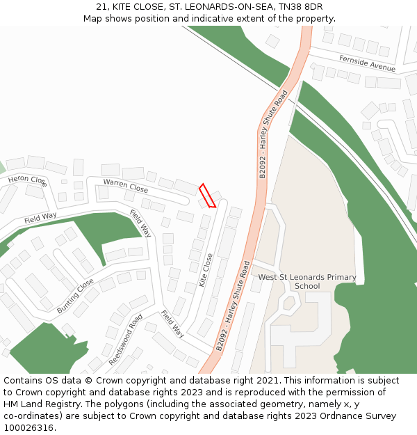 21, KITE CLOSE, ST. LEONARDS-ON-SEA, TN38 8DR: Location map and indicative extent of plot