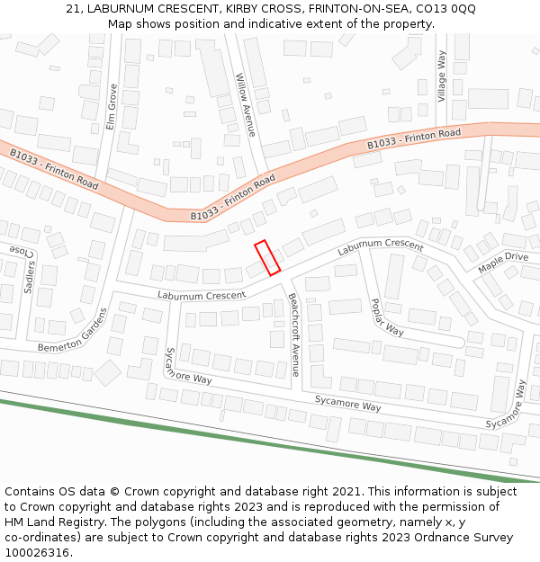 21, LABURNUM CRESCENT, KIRBY CROSS, FRINTON-ON-SEA, CO13 0QQ: Location map and indicative extent of plot