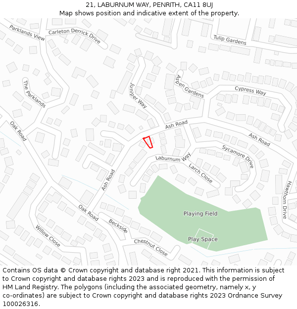 21, LABURNUM WAY, PENRITH, CA11 8UJ: Location map and indicative extent of plot