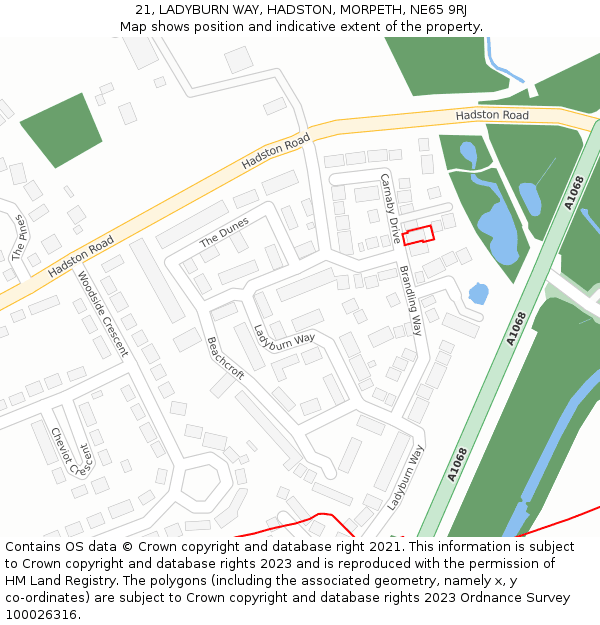 21, LADYBURN WAY, HADSTON, MORPETH, NE65 9RJ: Location map and indicative extent of plot
