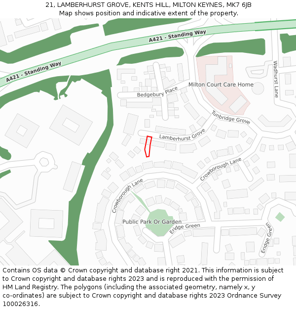 21, LAMBERHURST GROVE, KENTS HILL, MILTON KEYNES, MK7 6JB: Location map and indicative extent of plot