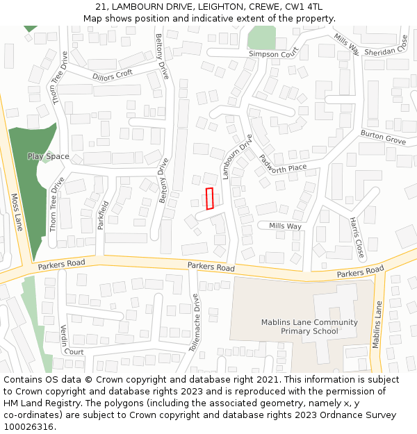 21, LAMBOURN DRIVE, LEIGHTON, CREWE, CW1 4TL: Location map and indicative extent of plot