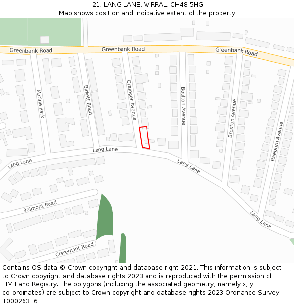 21, LANG LANE, WIRRAL, CH48 5HG: Location map and indicative extent of plot