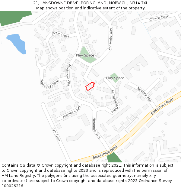 21, LANSDOWNE DRIVE, PORINGLAND, NORWICH, NR14 7XL: Location map and indicative extent of plot