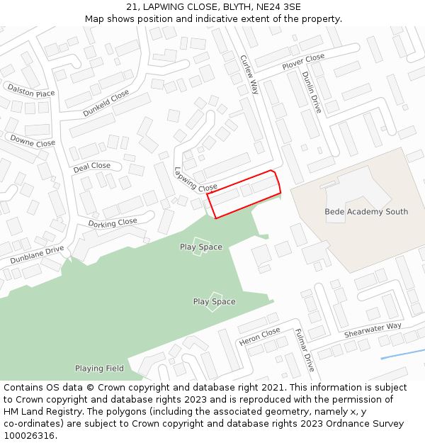 21, LAPWING CLOSE, BLYTH, NE24 3SE: Location map and indicative extent of plot