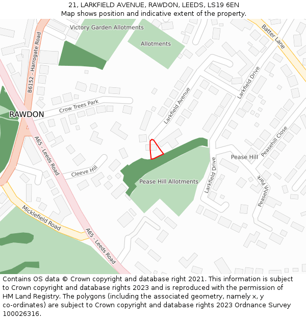 21, LARKFIELD AVENUE, RAWDON, LEEDS, LS19 6EN: Location map and indicative extent of plot